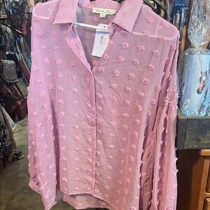 Pink Textured Button-Up Blouse